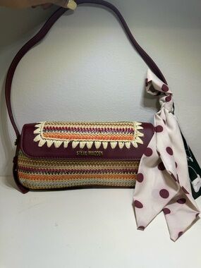 Steve Madden Maroon Multicolor Woven Shoulder Bag with Polka Dot Scarf